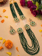 Traditional Long Multilayered Green Beaded Necklace Set With Side Brooches | Ethnic & Traditional Wear