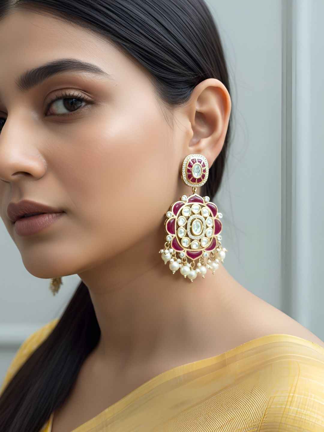 Traditional Kundan and red Stone-studded Earrings for Women | Statement Earrings for Ethnic & Festive Wear
