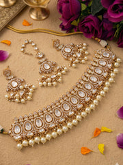 Sasha Rose Gold Finish Polki Kundan Bridal Choker Necklace With Tikka - Wedding Jewellery Set