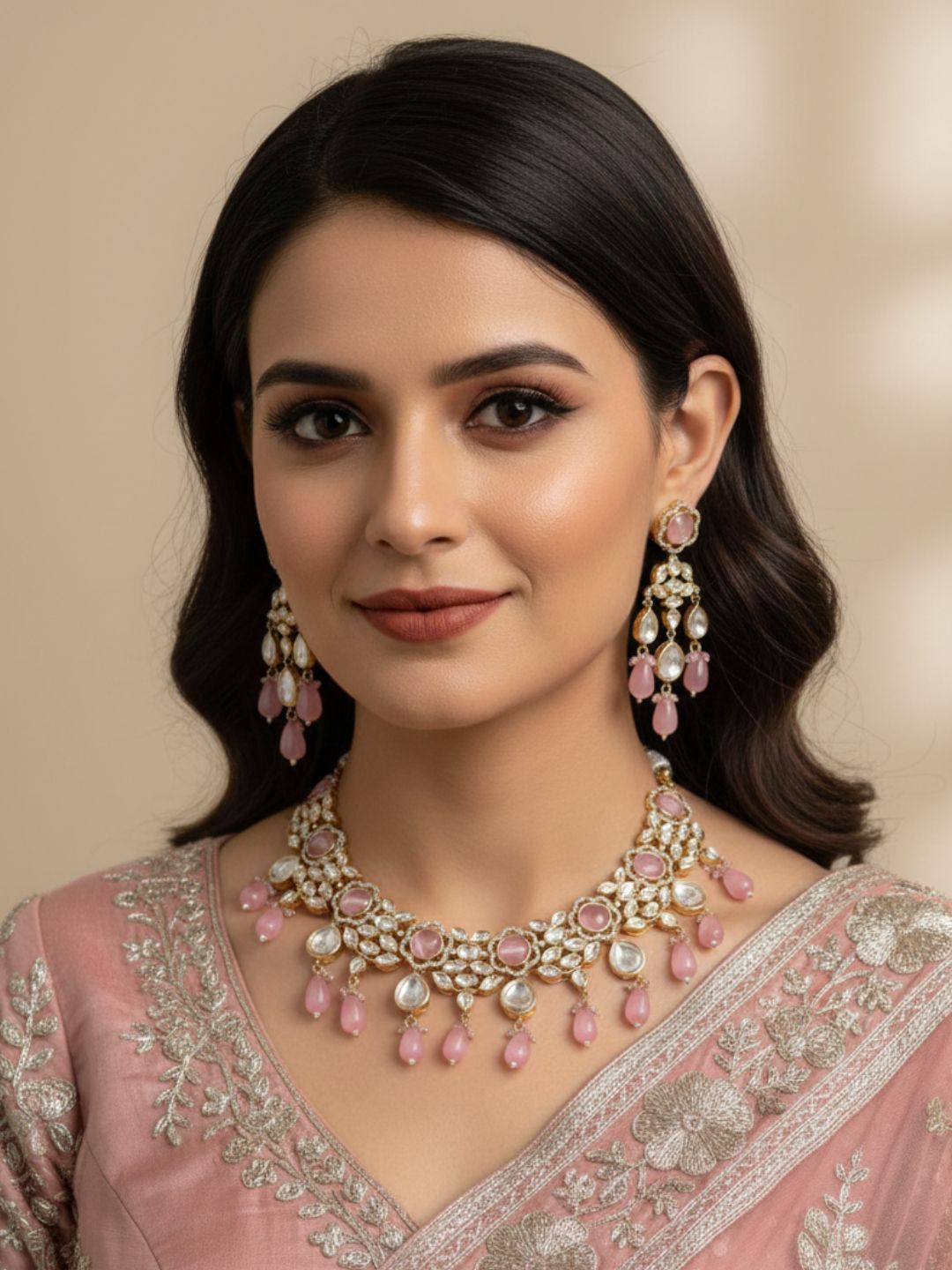 Elegant Polki Kundan Necklace Set For Women - Wedding & Party Wear Kundan Jewellery Set with pink stones