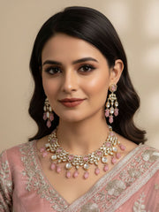 Elegant Polki Kundan Necklace Set For Women - Wedding & Party Wear Kundan Jewellery Set with pink stones