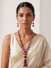 Designer Natural Gemstone Watermelon Shaped Red Jade Beaded Necklace Set With Tassels
