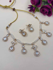 Elegant Gold Plated Beaded Pearls & Polki Drops Statement Necklace Set For Women