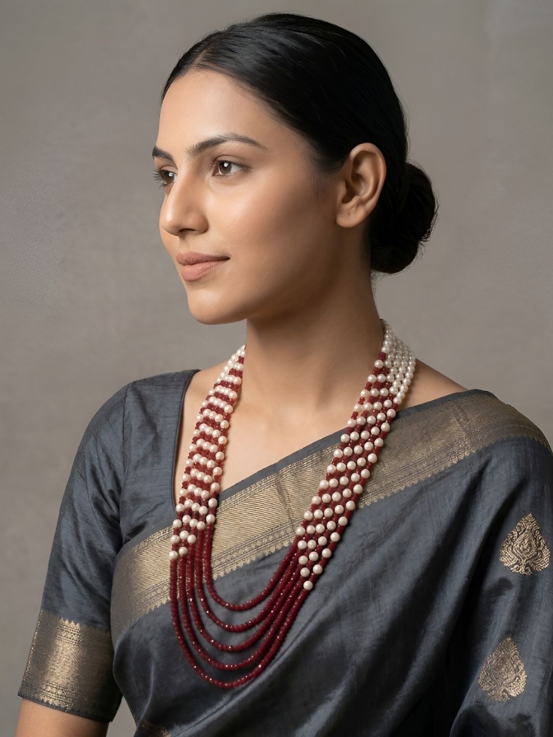 Multi Layered Pearls And Red Beads Necklace For Sarees And Dresses online