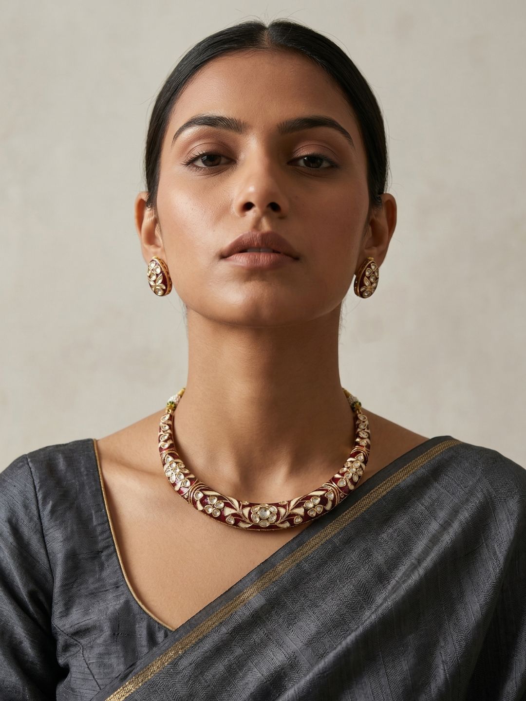 Traditional Rajasthani red Meenakari Hasli Necklace Set For Women - Ethnic Jewellery Set