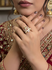 Gold Plated Meenakari And Kundan Adjustable Ring For Ladies - Festive And Party Wear