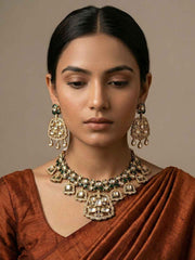 Antique Green Meenakari Mossanite Polki Necklace Set For Women | Wedding Jewellery Set