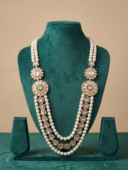 Natural Freshwater Long Pearl Necklace With Kundan Brooch – Beads Jewelry For Grooms Sherwani And Bridal Wear