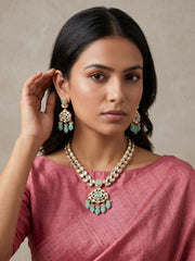 Rose Gold Finish mint green Kundan Necklace Set - Wedding And Party Wear Kundan Jewelry