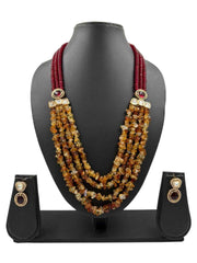 Elegant Layered Red Jade & Uncut Citrine Beaded Necklace Set With Kundan Brooches - Wedding And Party Wear