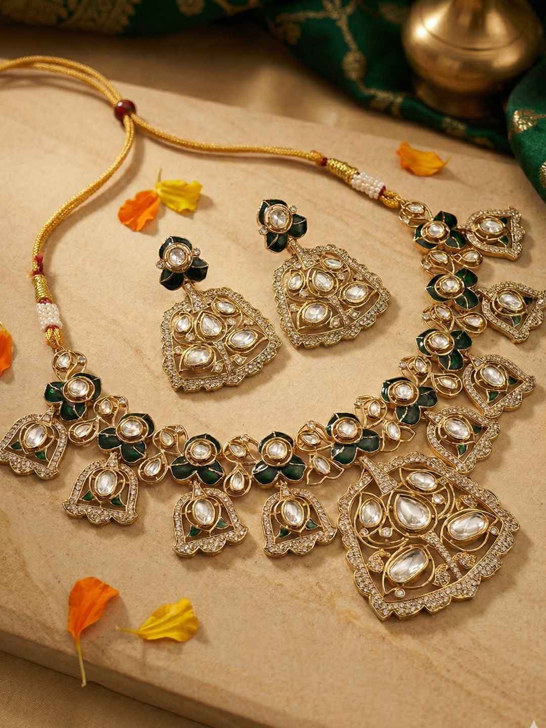 Antique Green Meenakari Mossanite Polki Necklace Set For Women | Wedding Jewellery Set