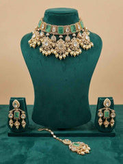 Rose Gold Finish Mossanite Polki Luxury Wedding Choker Jewellery Set - Bridal Jewellery Set With Tikka