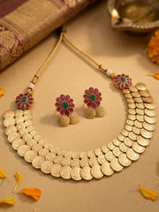 Taarini Gold Plated Lakshmi Devi Coin Design Temple Necklace Set - South Indian Jewellery