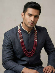 Unisex Layered Pearls And Red Jade Beaded Necklace - Saree And Sherwani Beaded Jewellery