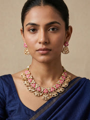 Designer Gold Plated pink Kundan Polki Necklace Set For Weddings - Bridal Necklace Set