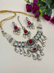 Mossanite Polki Kundan Beaded Choker Necklace Set With Tikka | Wedding And Festive Wear