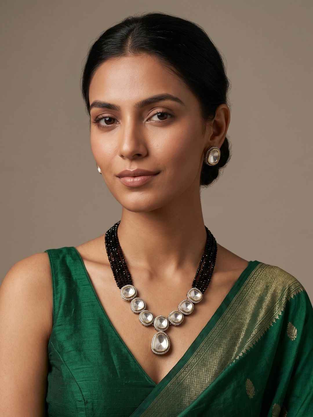Elegant Victorian Polki Beaded Black Necklace Set For Women
