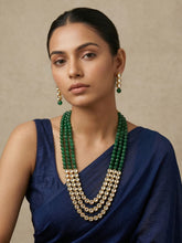 Gold Plated Layered Kundan and green jade Beaded Necklace Set - Traditional Ethnic Jewellery Set