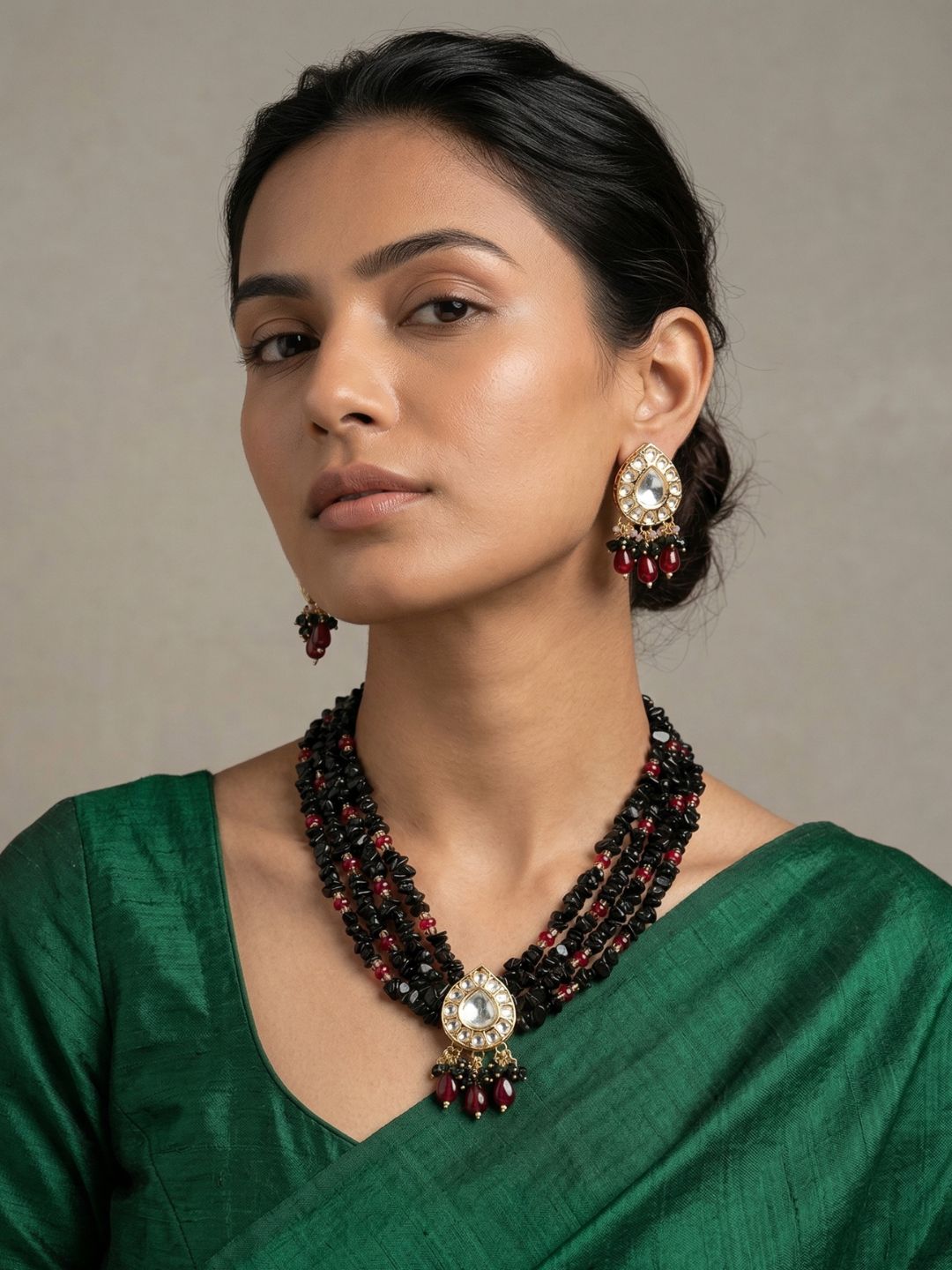 Handcrafted Beaded Kundan Black Necklace Set for Women - Statement Black Necklace