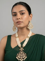 Long Mossanite Polki Pendant Necklace Set With Beaded Pearls - Luxury Wedding Necklace