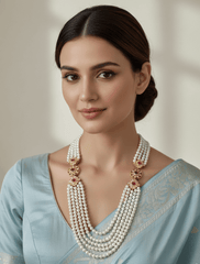 Designer Long Kundan Brooch And Pearls Necklace For Sherwani And Saree - Unisex Wedding Jewelry