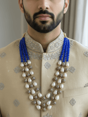Designer Rose Pink Shell Pearls and Blue Jade Beads Necklace – Unisex Wedding & Festive Wear Beaded Jewelry For Men