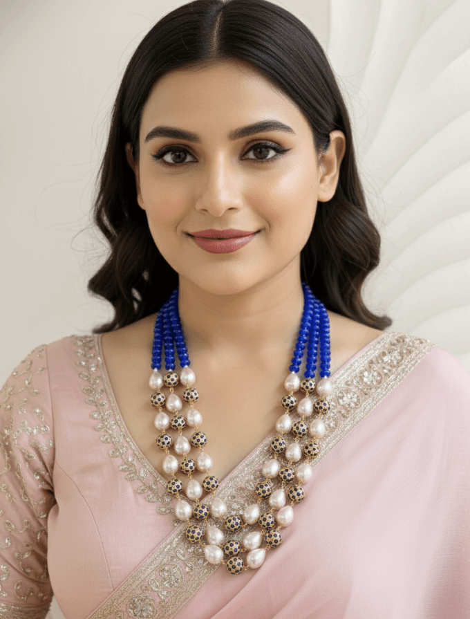 Designer Rose Pink Shell Pearls and Blue Jade Beads Necklace – Unisex Wedding & Festive Wear Beaded Jewelry For Women