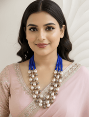 Designer Rose Pink Shell Pearls and Blue Jade Beads Necklace – Unisex Wedding & Festive Wear Beaded Jewelry For Women