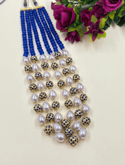 Designer Rose Pink Shell Pearls and Blue Jade Beads Necklace – Unisex Wedding & Festive Wear Beaded Jewelry