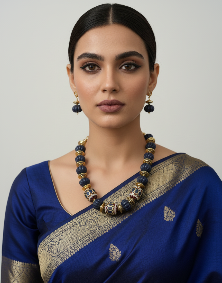 Semi-Precious Blue Jade Stone Watermelon Shaped Beaded Necklace Set For Women