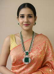 Nita Ambani Inspired Long Antique Victorian Mossanite Polki And Emerald Necklace Set