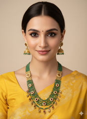 Designer Long Antique Necklace Set with Green Beads