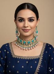 Statement Aqua Blue Uncut Polki Kundan Choker Necklace Set - Indo Western Choker Jewelry