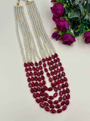 Designer Multi Layered Red Jade And Pearl Beaded Sherwani Mala For Grooms