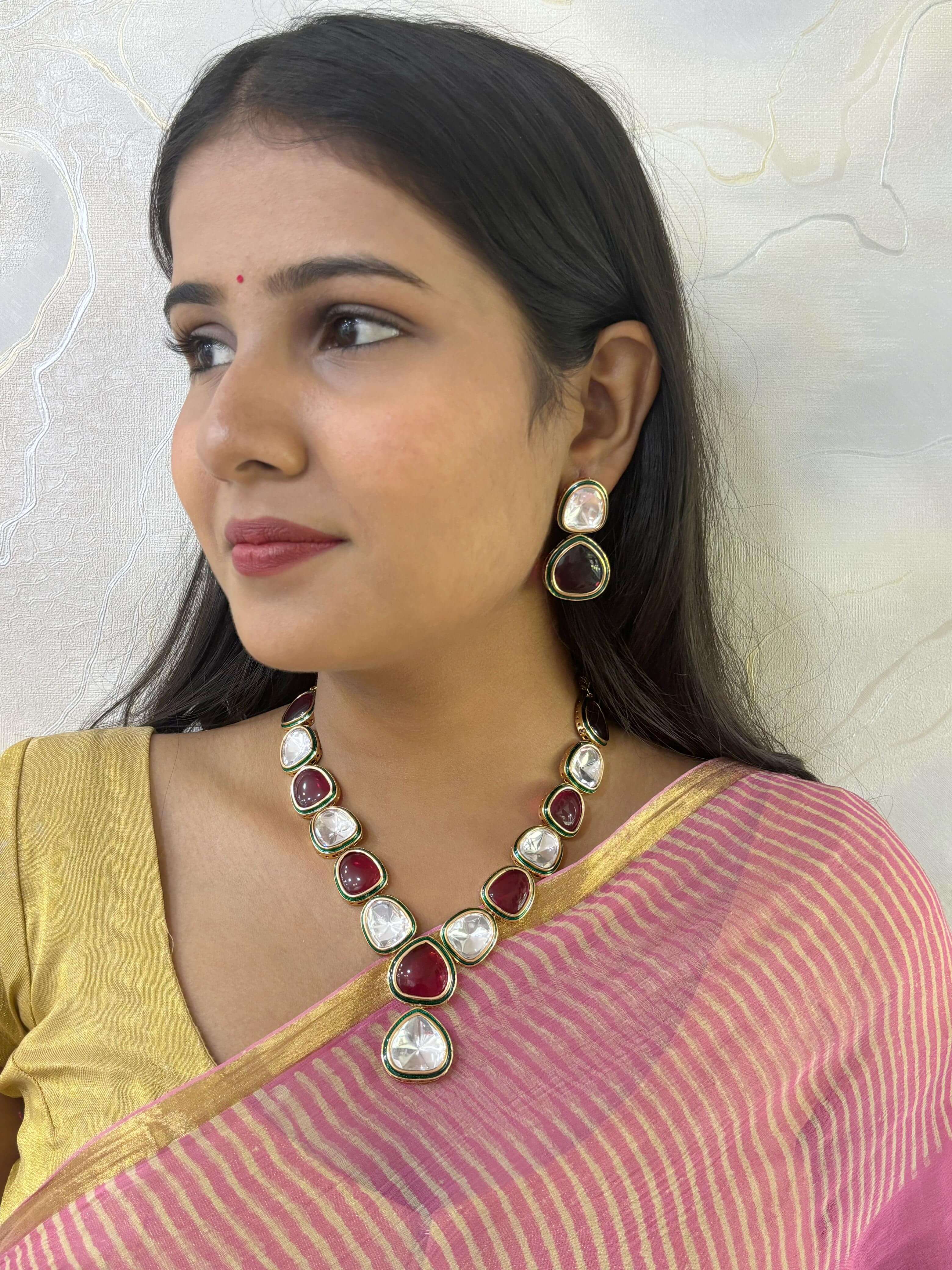 Luxurious Party Wear Red Big Polki Stone Jewellery Necklace Set By Gehna Shop