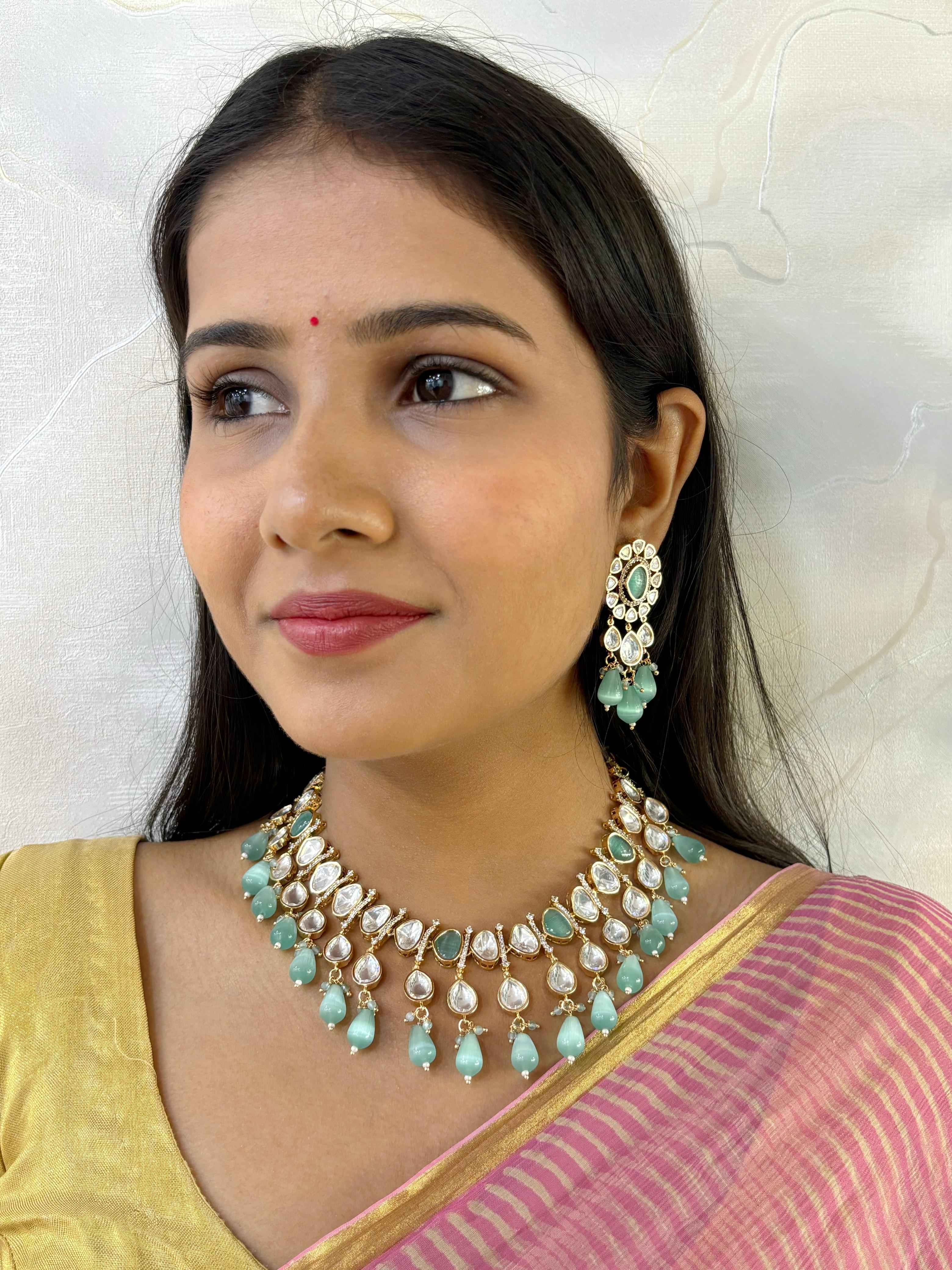 Vedika Stunning Mint Green Kundan Polki Party Wear Necklacce Set with polki drops