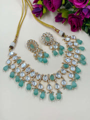 Vedika Stunning Mint Green Kundan Polki Party Wear Necklacce Set with polki drops