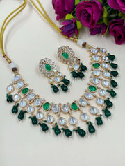Vedika Stunning Green Kundan Polki Party Wear Necklacce Set with polki drops