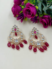 Designer Lightweight maroon Uncut Polki Chandbali Earrings For Ladies