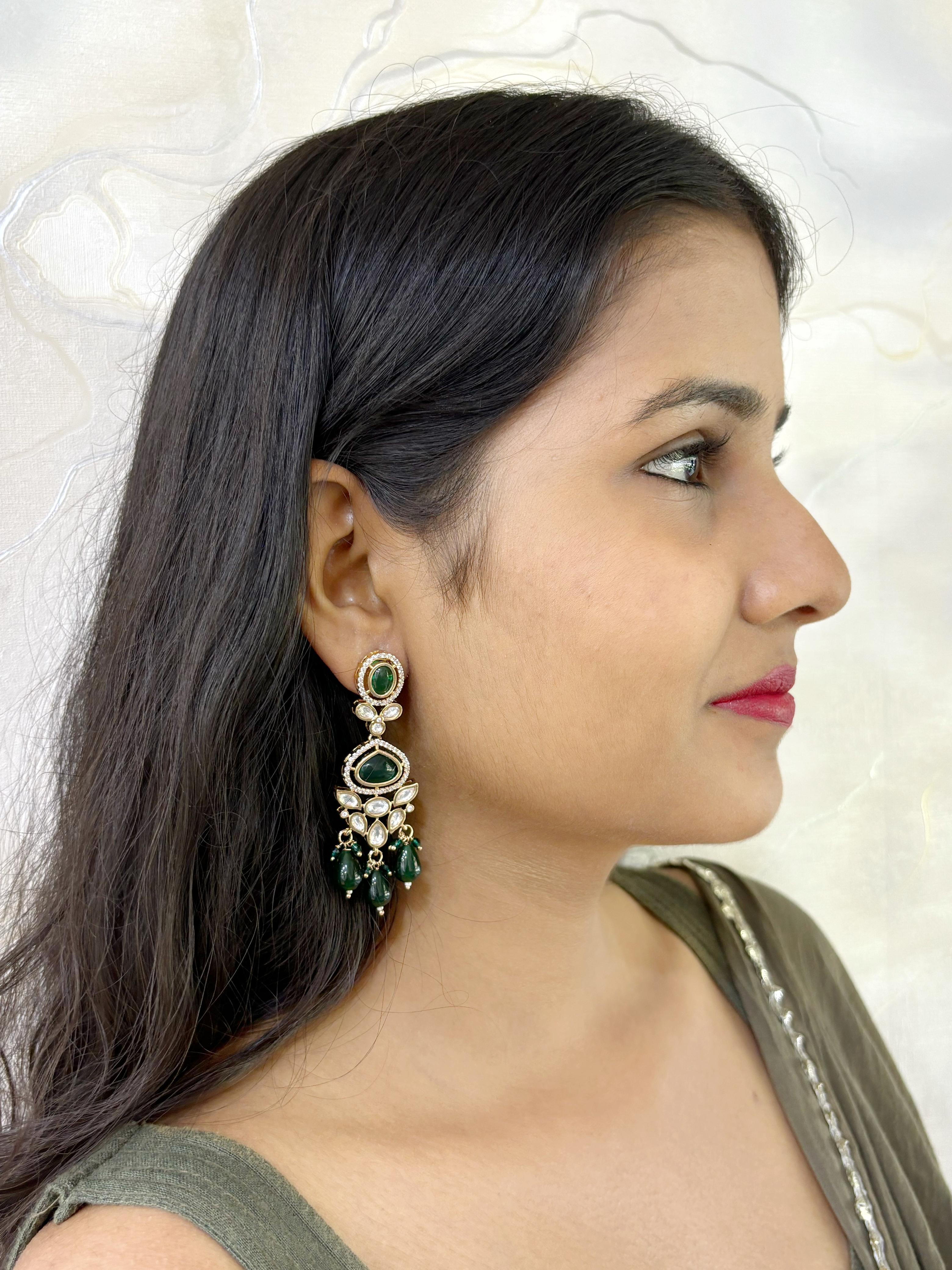 Lightweight AD And Polki Dangler Earrings | Green  party Wear Earrings