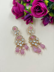 Lightweight AD And Polki Dangler Earrings | Baby Pink party Wear Earrings