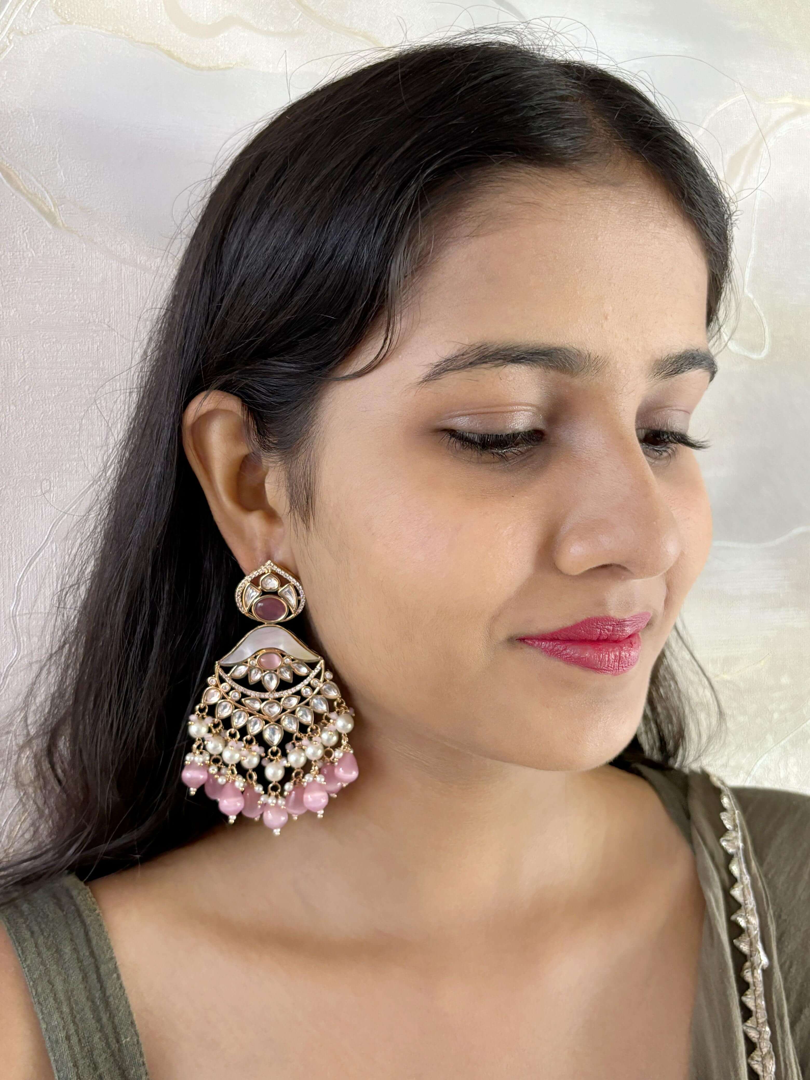 Mrunali Mother Of Pearl Baby Pink Polki Chandbali Earrings | Designer Earrings for weddings