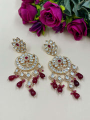 Lightweight Long Red Kundan Polki Chandbali Earrings For Weddings