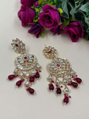 Lightweight Long Red Kundan Polki Chandbali Earrings For Weddings
