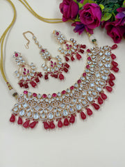 Designer Kundan Polki Bridal Necklace Set With Tikka | Red Wedding Jewellery Set