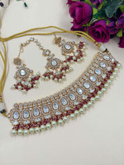 Sasha Rose Gold Finish Zircon And Polki Choker Necklace With Tikka