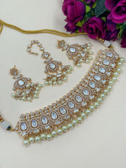 Sasha Rose Gold Finish Zircon And Polki Choker Necklace With Tikka