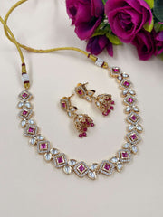 Pink Color  Short Simple And Delicate Polki Necklace Set for weddingss and parties