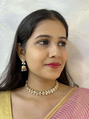 Baby Pink Color  Short Simple And Delicate Polki Necklace Set for weddingss and parties