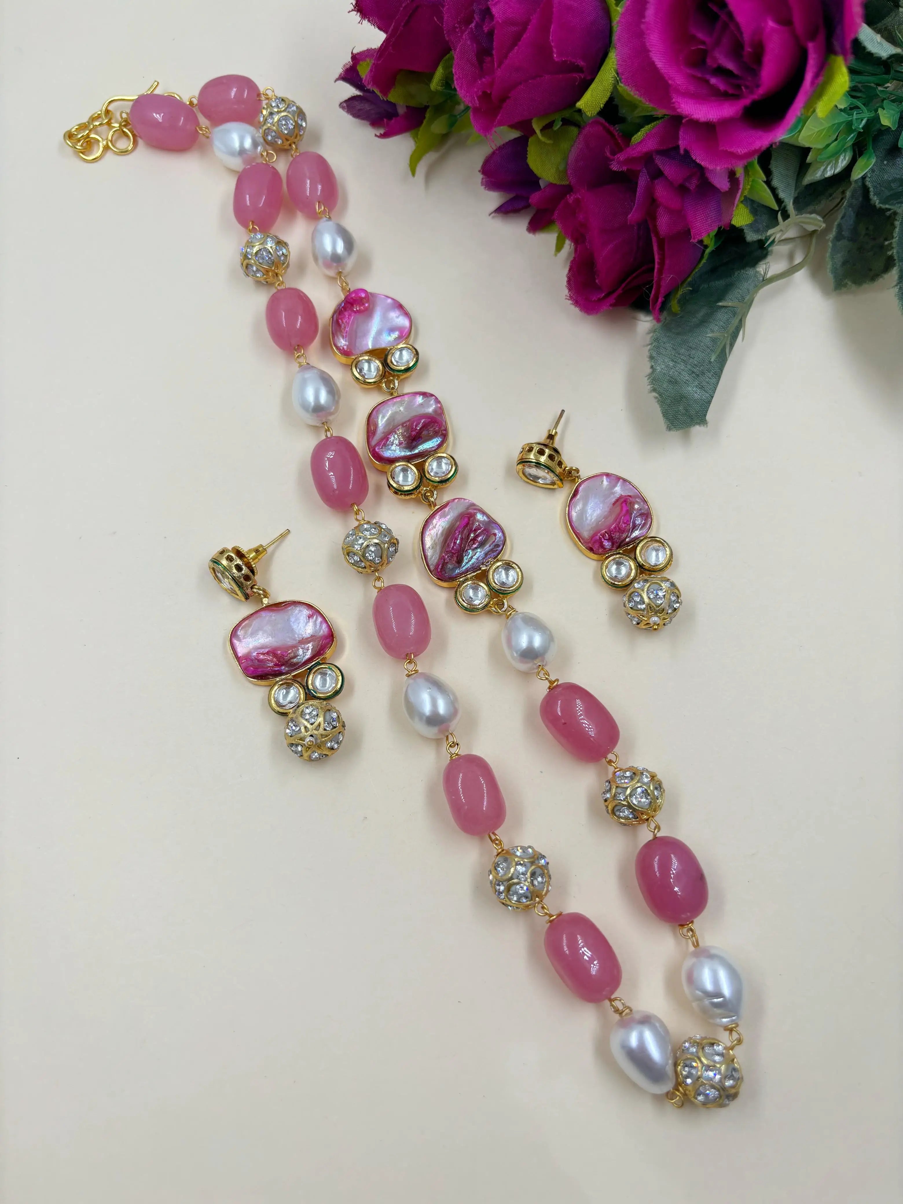 Semi Precious Long Pink Jade Beads Necklace Set | Beaded Jewellery for women online